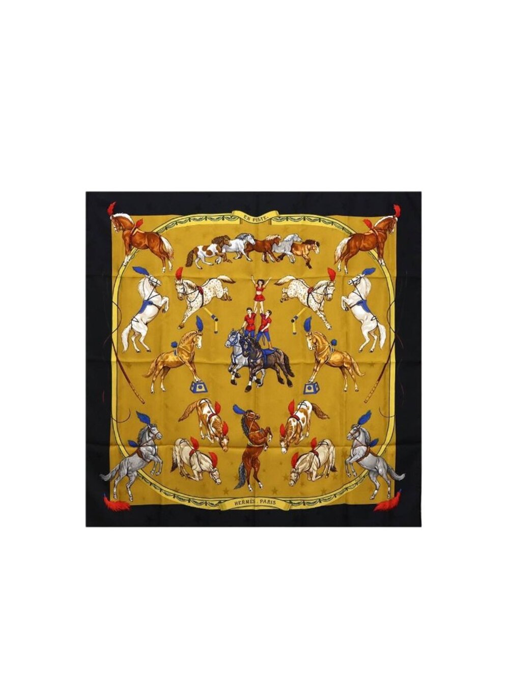 Hermes Carre 90 Large Scarf en Piste on Stage Silk 100% Beige Black